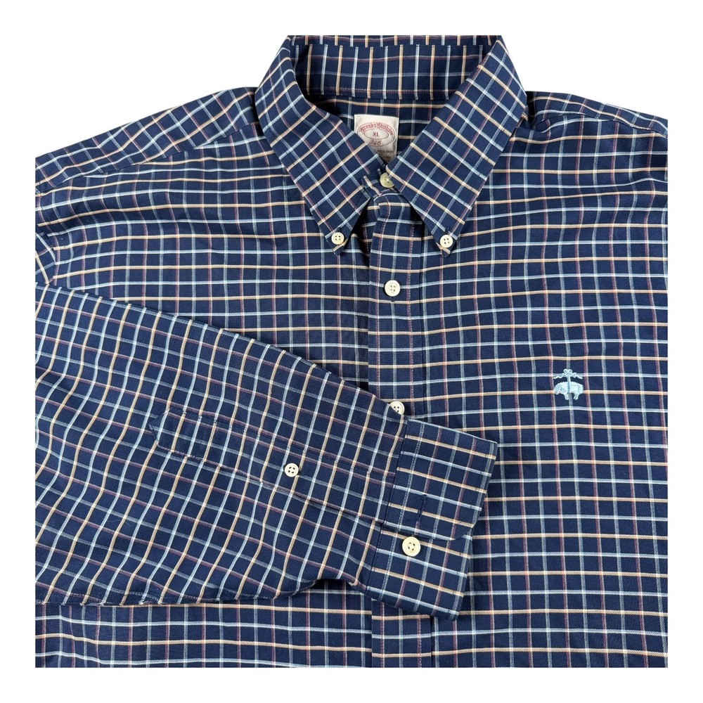 Brooks Brothers 346 Mens XL Navy Blue Grid Check Non-Iron Supima Cotton Shirt